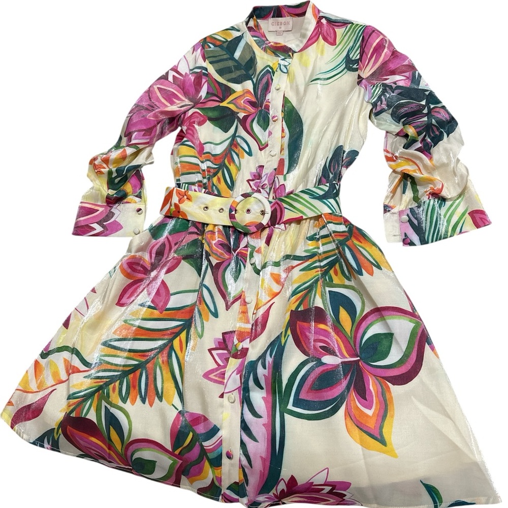 Tropical Floral Shirt Dress with Belt